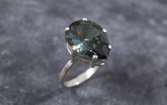 Teardrop Ring, Green Diamond Ring, Created Diamond, Antique Ring, Vintage Ring, Large Tear Ring, Green Statement Ring, Sterling Silver Ring