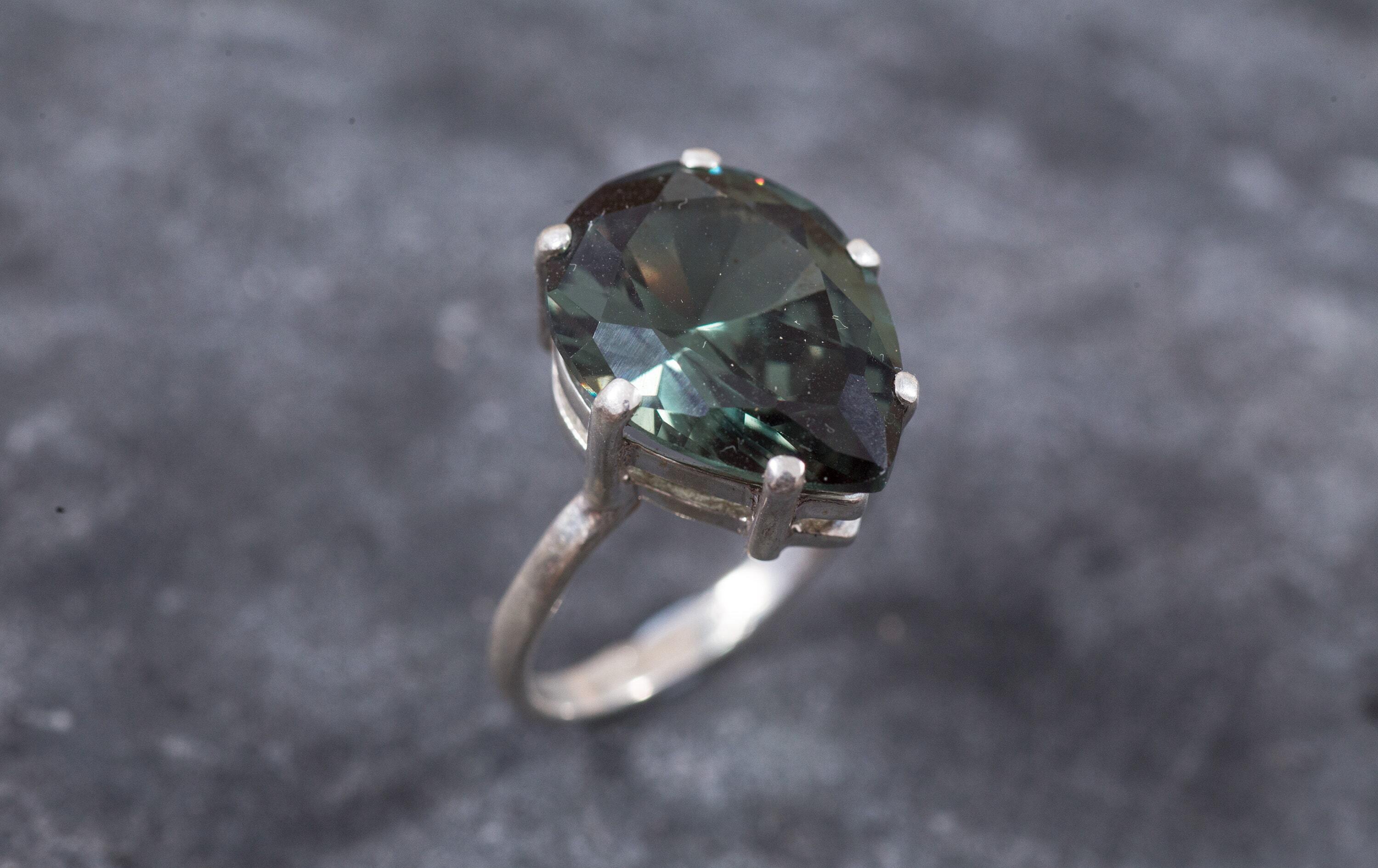 Teardrop Ring, Green Diamond Ring, Created Diamond, Antique Ring, Vintage Ring, Large Tear Ring, Green Statement Ring, Sterling Silver Ring