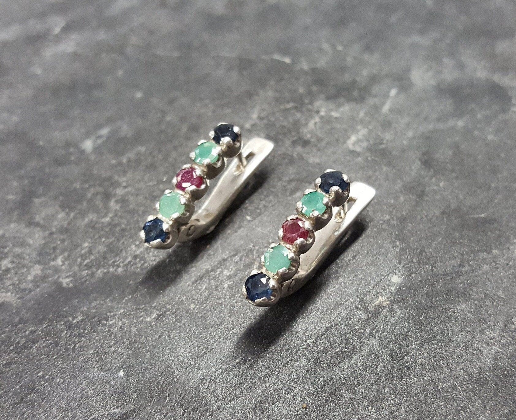 Emerald Studs, Sapphire, Ruby, Bar Earrings, Dainty Earrings, Birthstone Earrings, Multistone Earrings, Vintage Studs, Solid Silver Earrings