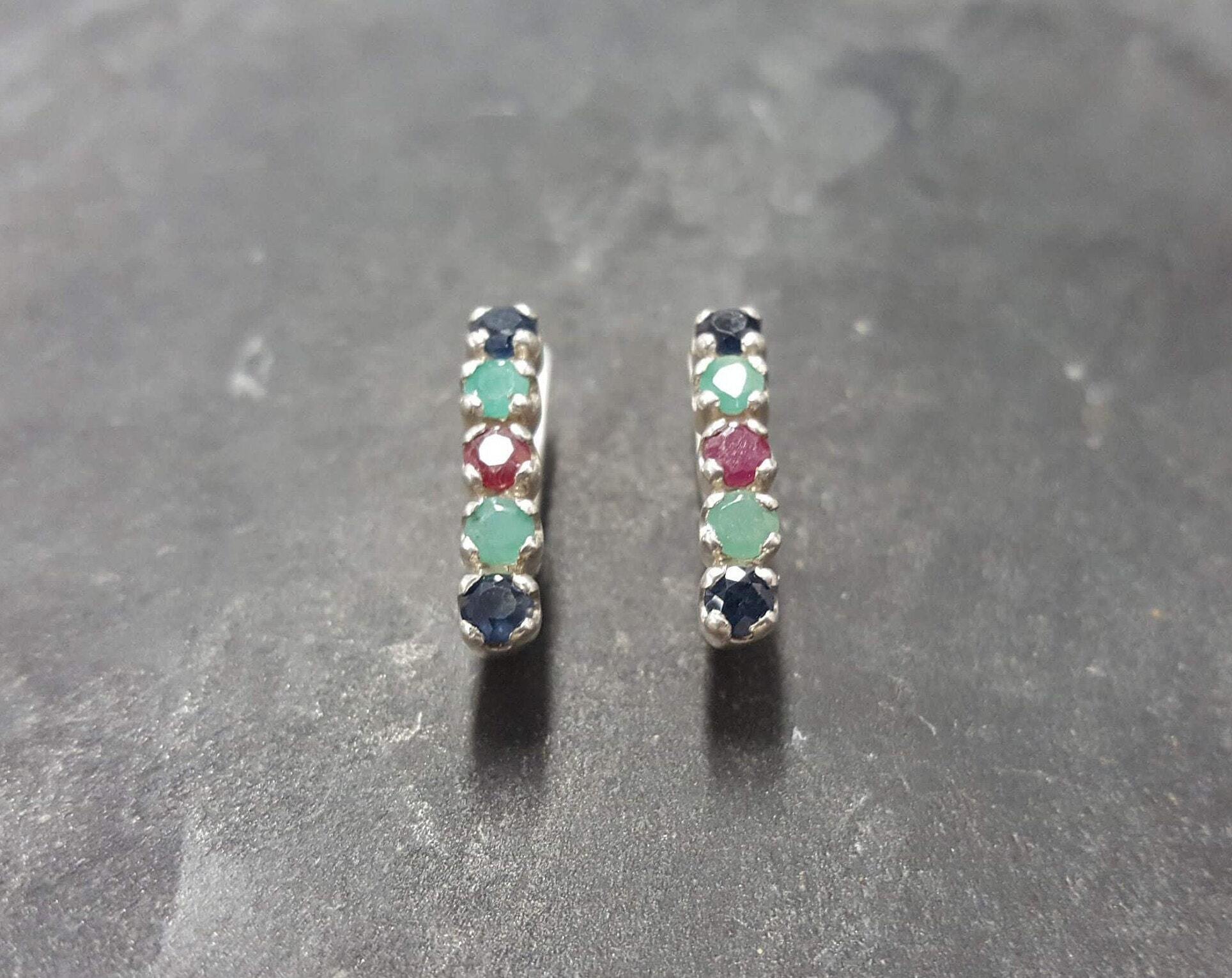 Emerald Studs, Sapphire, Ruby, Bar Earrings, Dainty Earrings, Birthstone Earrings, Multistone Earrings, Vintage Studs, Solid Silver Earrings