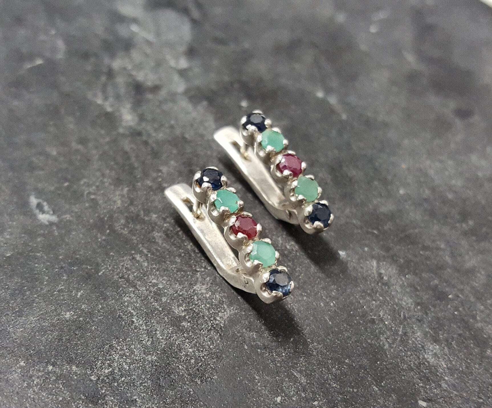 Emerald Studs, Sapphire, Ruby, Bar Earrings, Dainty Earrings, Birthstone Earrings, Multistone Earrings, Vintage Studs, Solid Silver Earrings