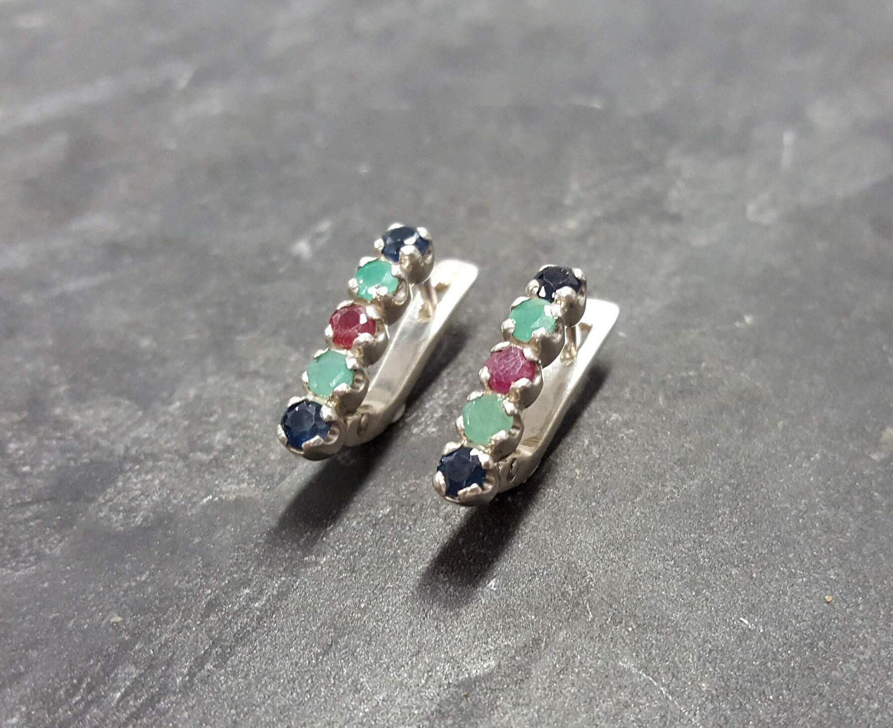 Emerald Studs, Sapphire, Ruby, Bar Earrings, Dainty Earrings, Birthstone Earrings, Multistone Earrings, Vintage Studs, Solid Silver Earrings