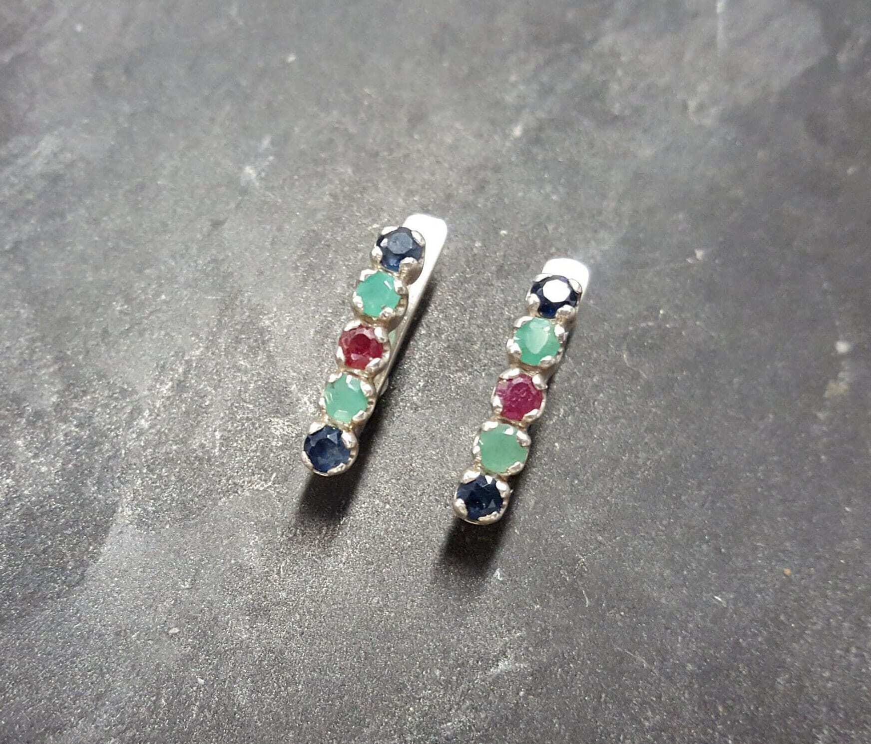 Emerald Studs, Sapphire, Ruby, Bar Earrings, Dainty Earrings, Birthstone Earrings, Multistone Earrings, Vintage Studs, Solid Silver Earrings