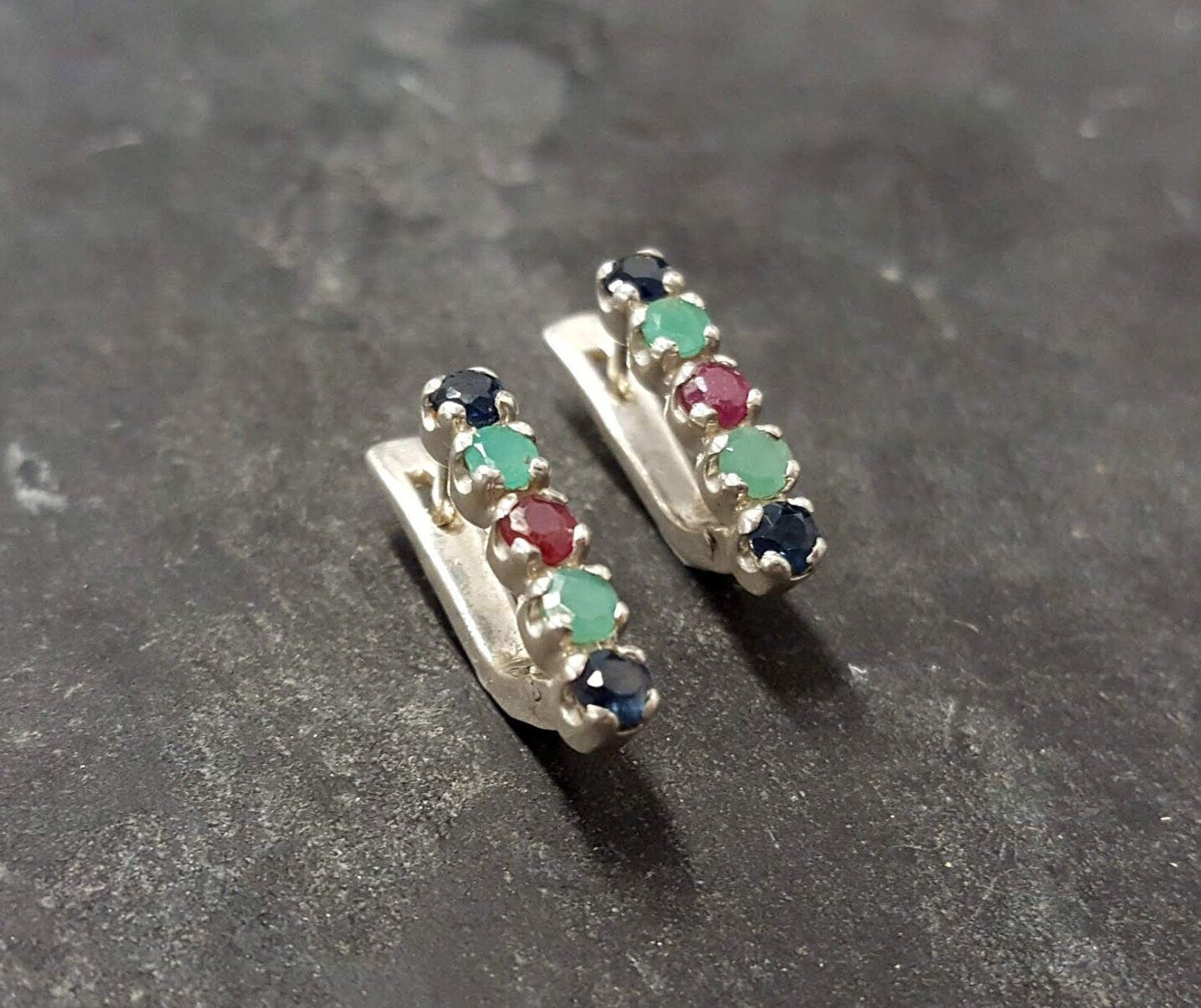 Emerald Studs, Sapphire, Ruby, Bar Earrings, Dainty Earrings, Birthstone Earrings, Multistone Earrings, Vintage Studs, Solid Silver Earrings