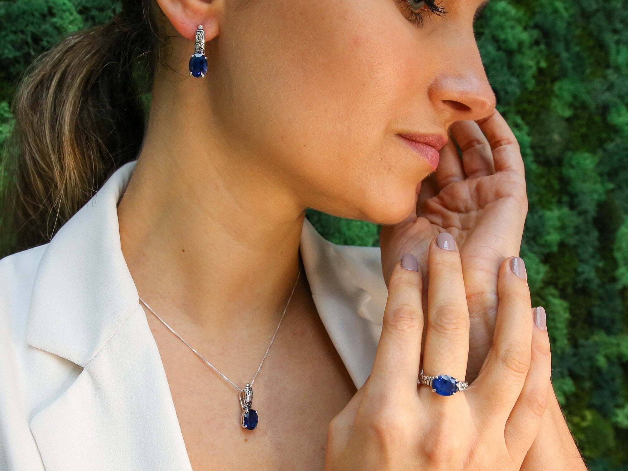 Sapphire Earrings in 925 Sterling Silver with Oval Created Blue Sapphire, perfect for September birthdays and special occasions.