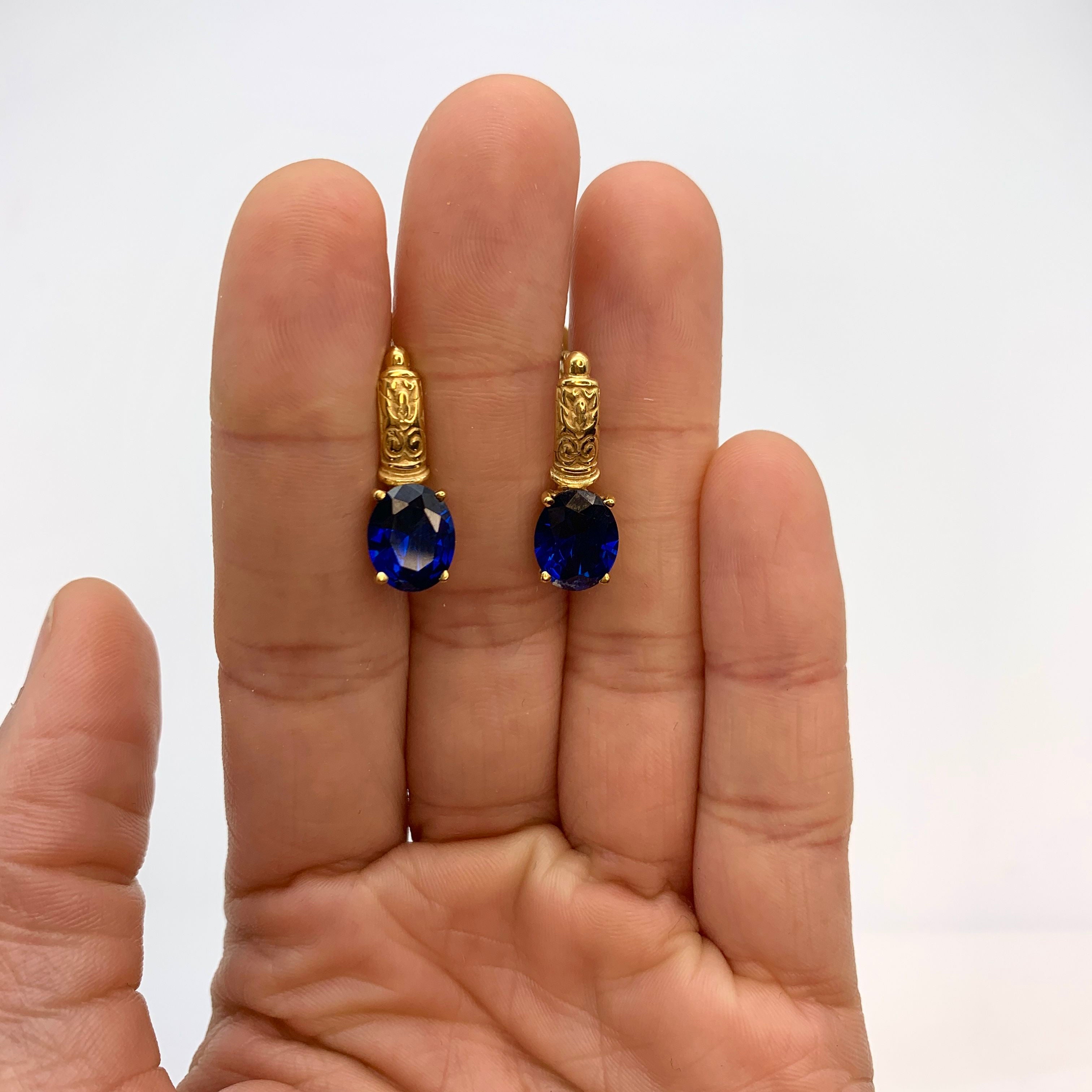 Elegant 18k Gold Vermeil Sapphire Earrings featuring oval blue sapphires, perfect for birthdays and special occasions.