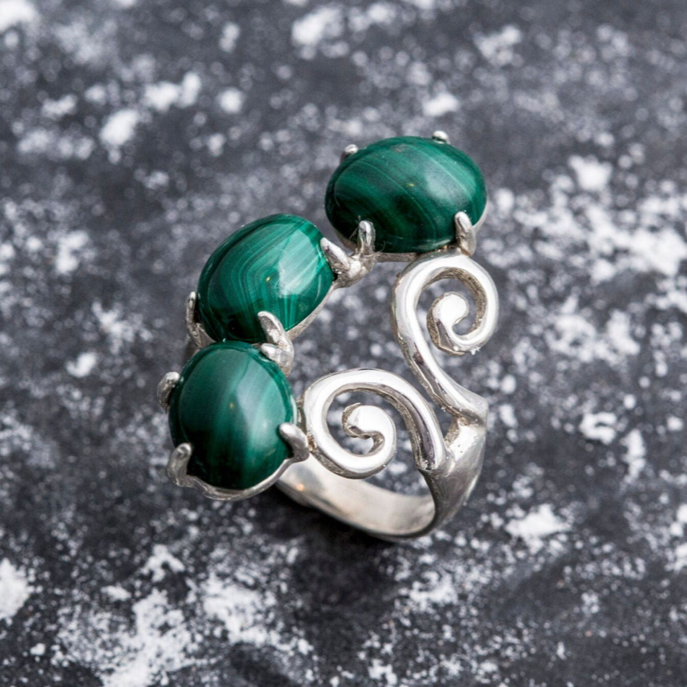 Unique Ring, Malachite Ring, Natural Malachite, Green Ring, 3 Stone Ring, Multistage Ring, Green Malachite, Solid Silver Ring, Malachite