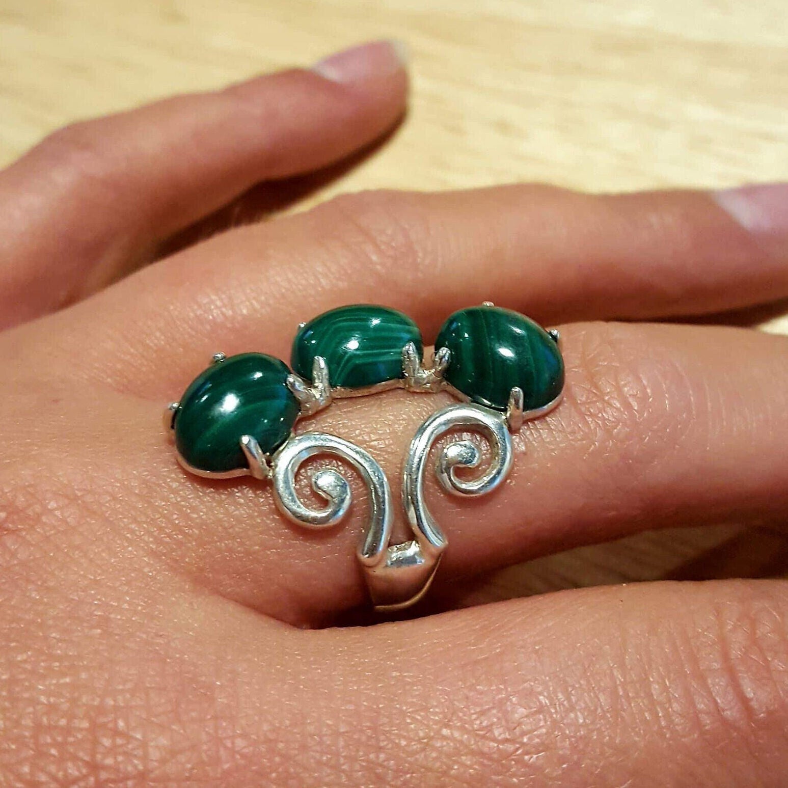 Unique Ring, Malachite Ring, Natural Malachite, Green Ring, 3 Stone Ring, Multistage Ring, Green Malachite, Solid Silver Ring, Malachite