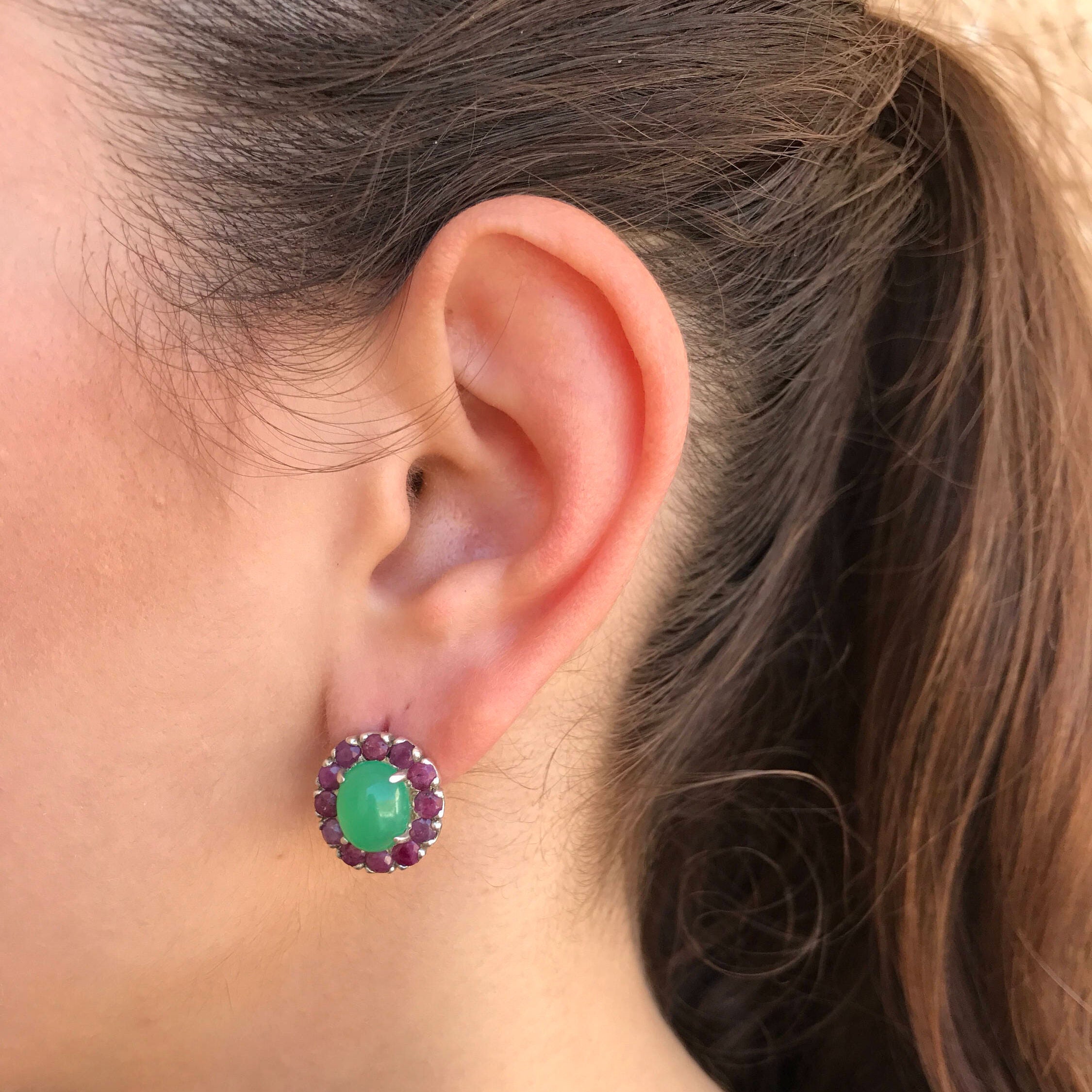 Chrysoprase Earrings, Natural Chrysoprase, Natural Ruby Earrings, Birthstone Earrings, Vintage Earrings, Flower Earrings, Victorian Earrings