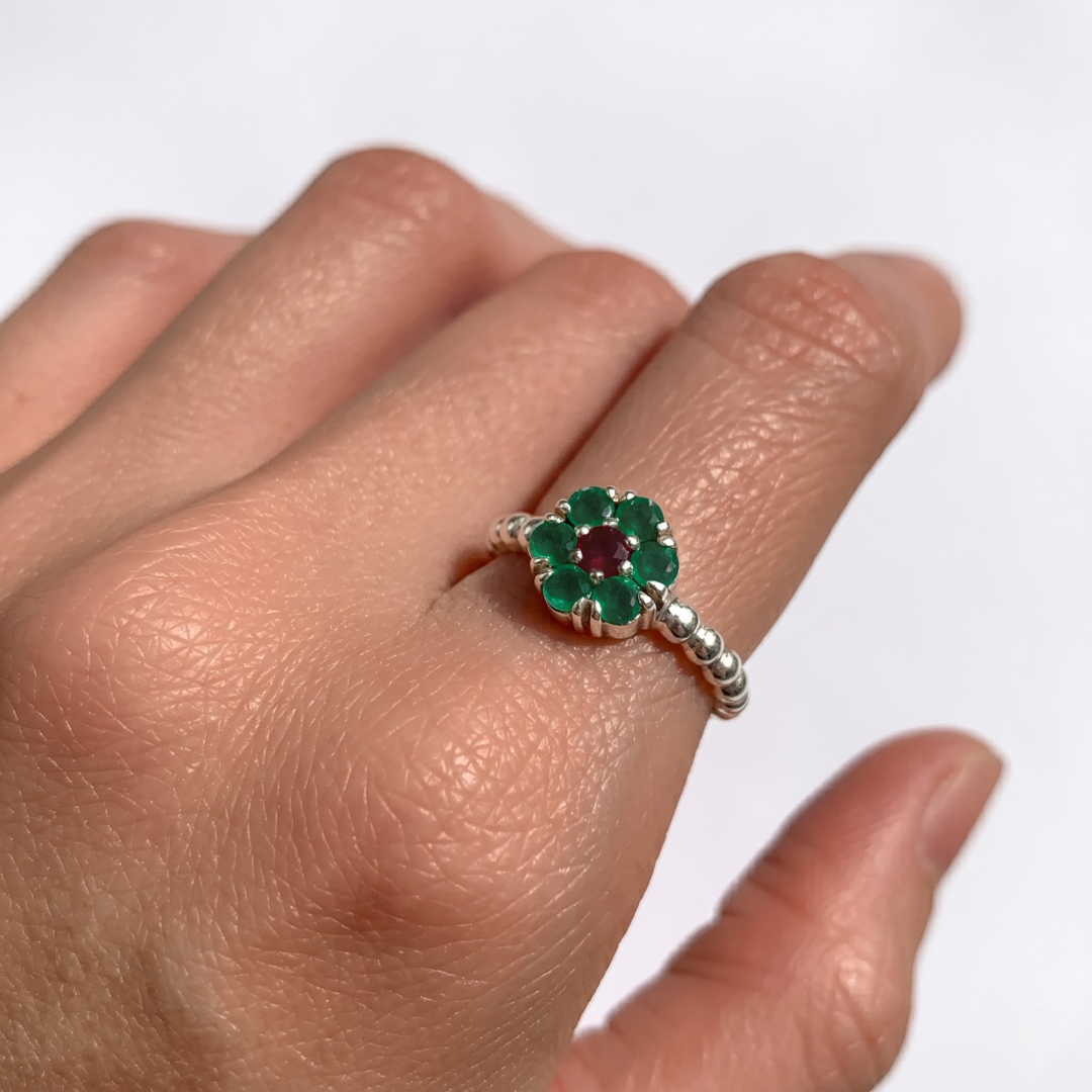 Elegant 925 Sterling Silver cluster ring featuring a genuine round green emerald, perfect for May birthdays and special occasions.