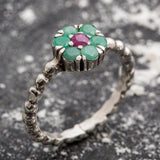 Emerald Flower Ring - Daisy Silver Ring - Dainty Emerald Ring