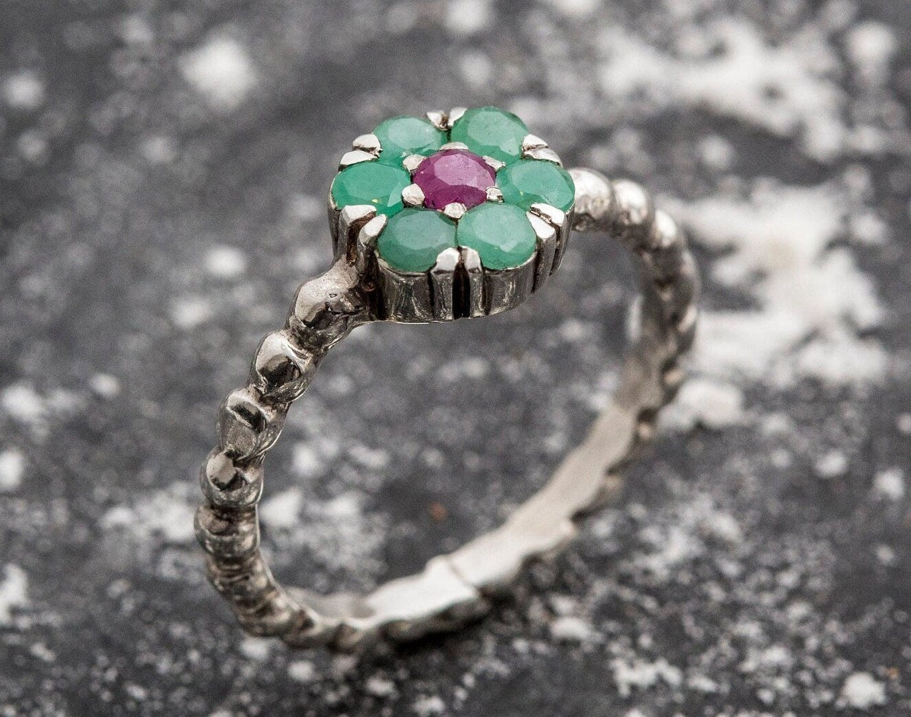 Emerald Flower Ring, Emerald Ring, Natural Emerald, Ruby, Green Emerald, May Birthstone, Unique Ring, Solid Silver Ring, Green Ring, Emerald