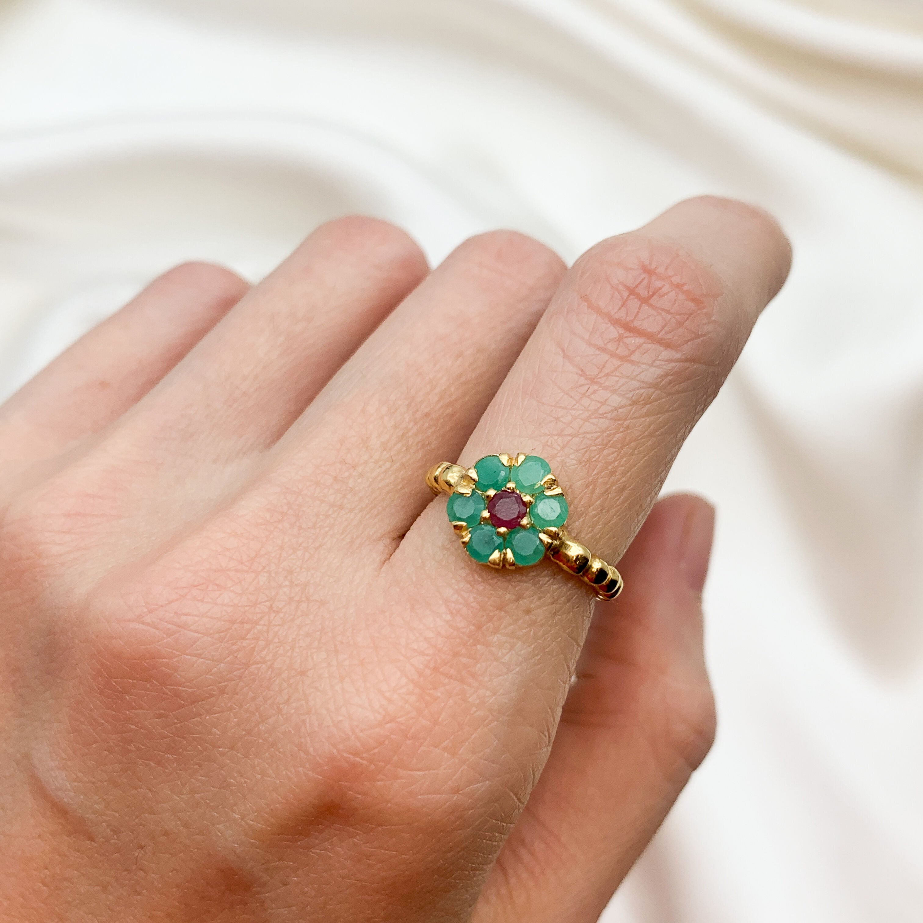 Elegant 18k Gold Vermeil ring featuring a round natural emerald in a stunning cluster design, perfect gift for May birthdays.