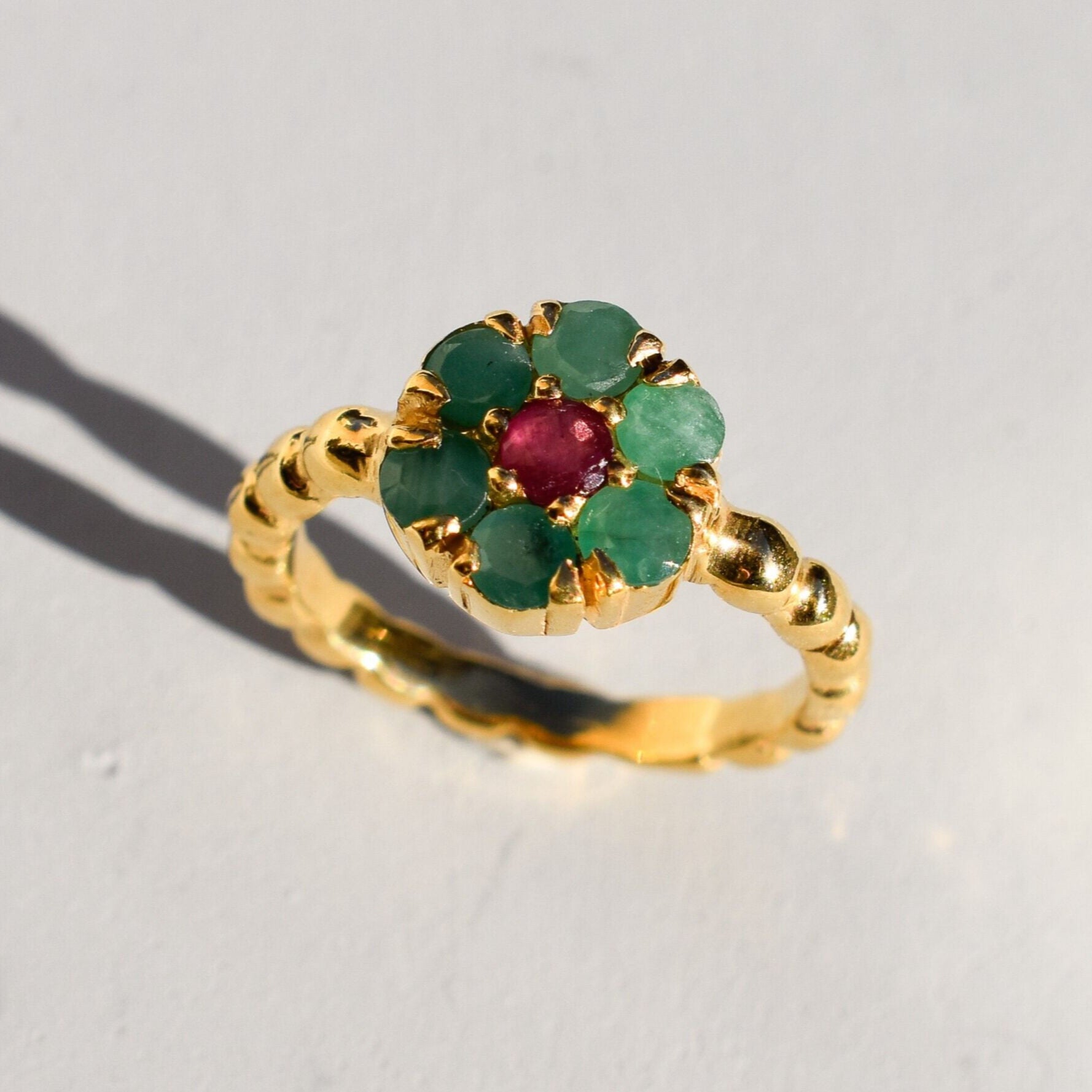 Natural Emerald Ring made in 18k Gold Vermeil with Round Natural Green Emerald in Cluster setting, May Birthstone gift idea, symbolizes growth, harmony, and deep emotional healing, ideal for everyday wear and perfect for birthday gifting and special occasions.
