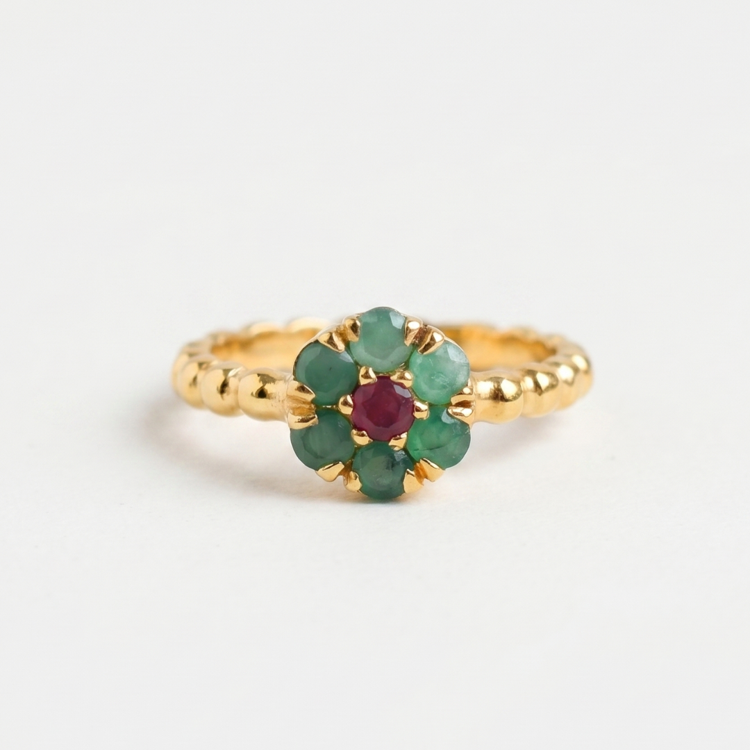 Natural Emerald Ring made in 18k Gold Vermeil with Round Natural Green Emerald in Cluster setting, May Birthstone gift idea, symbolizes growth, harmony, and deep emotional healing, ideal for everyday wear and perfect for birthday gifting and special occasions.