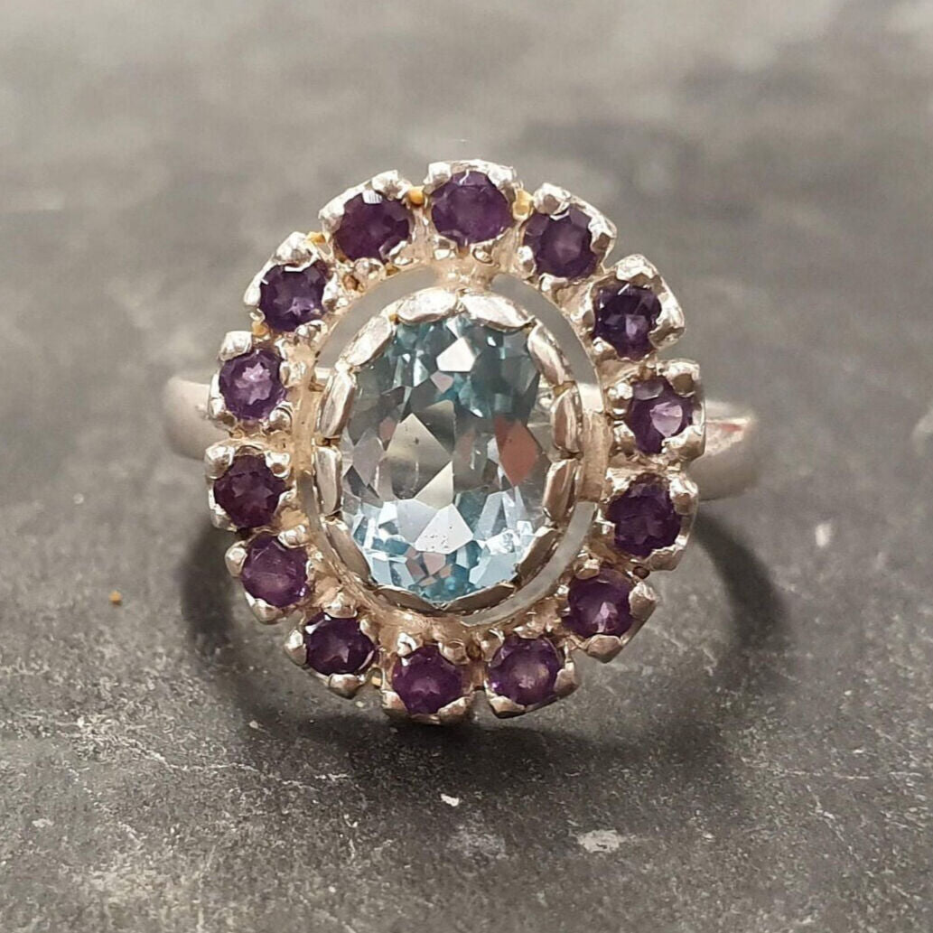 Victorian Ring, Blue Topaz Ring, Amethyst Ring, Vintage Ring, Oval Ring, February Birthstone, December Ring, Purple Ring, Solid Silver Ring