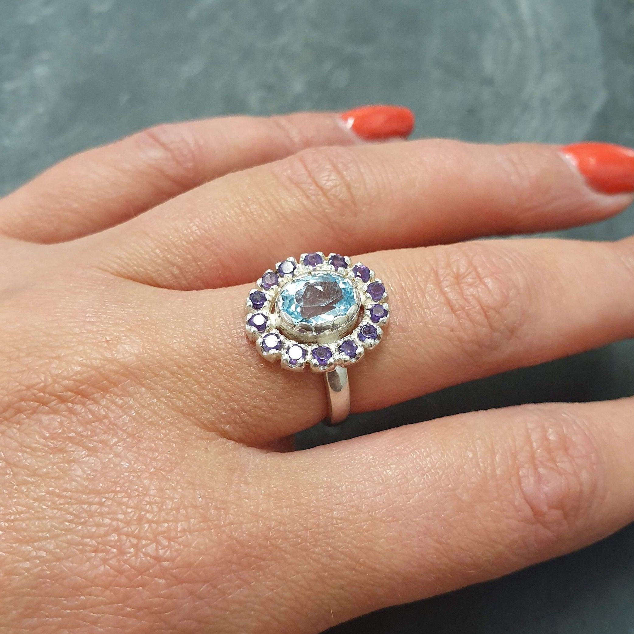 Victorian Ring, Blue Topaz Ring, Amethyst Ring, Vintage Ring, Oval Ring, February Birthstone, December Ring, Purple Ring, Solid Silver Ring