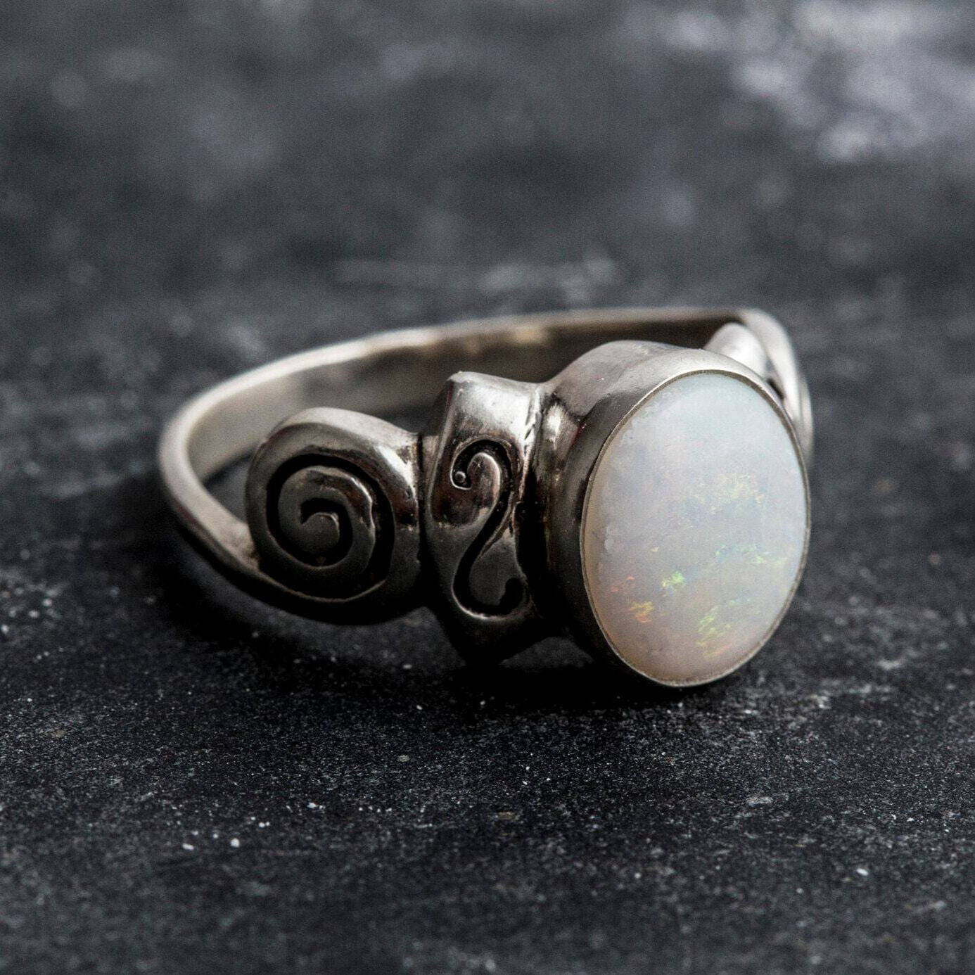 Natural Australian Opal Ring made in 925 Sterling Silver with Oval Natural White Australian Opal in setting, October Birthstone gift idea, symbolizes hope, purity, and truth, ideal for everyday wear and perfect for birthday gifting and special occasions.