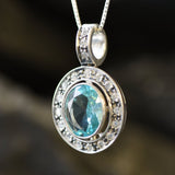 Blue Aqua Pendant - Bridal Aquamarine Necklace, Victorian Oval Pendant