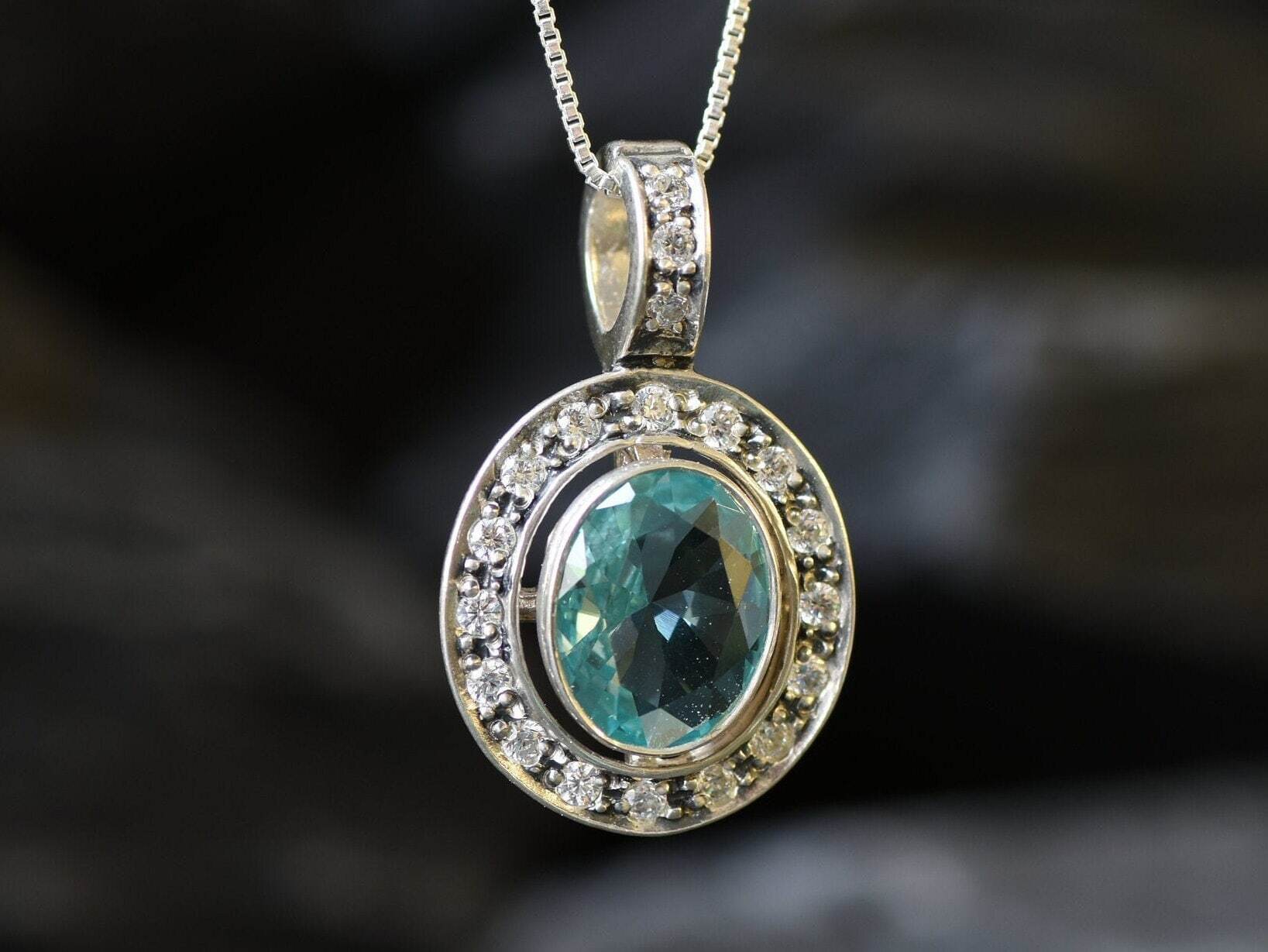 Aquamarine Pendant, Created Aquamarine, Victorian Pendant, Blue Vintage Pendant, Blue Diamond Pendant, Vintage Pendant, 925 Sterling Silver