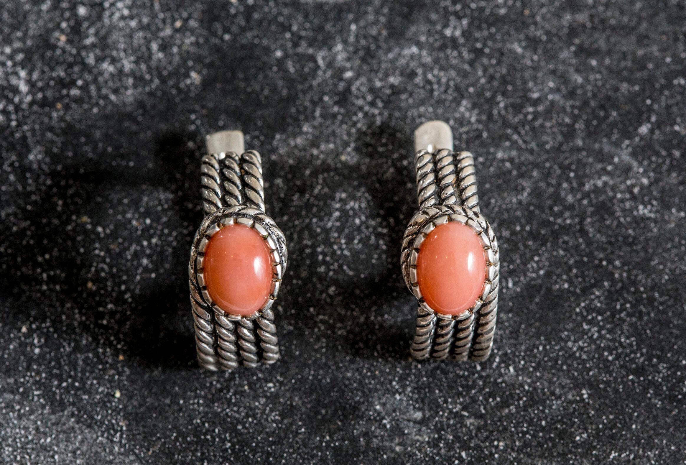 Pink Coral Earrings, Natural Coral Earrings, March Birthstone, Angel Skin Coral, Unique Earrings, Vintage Earrings, Silver Earrings, Coral