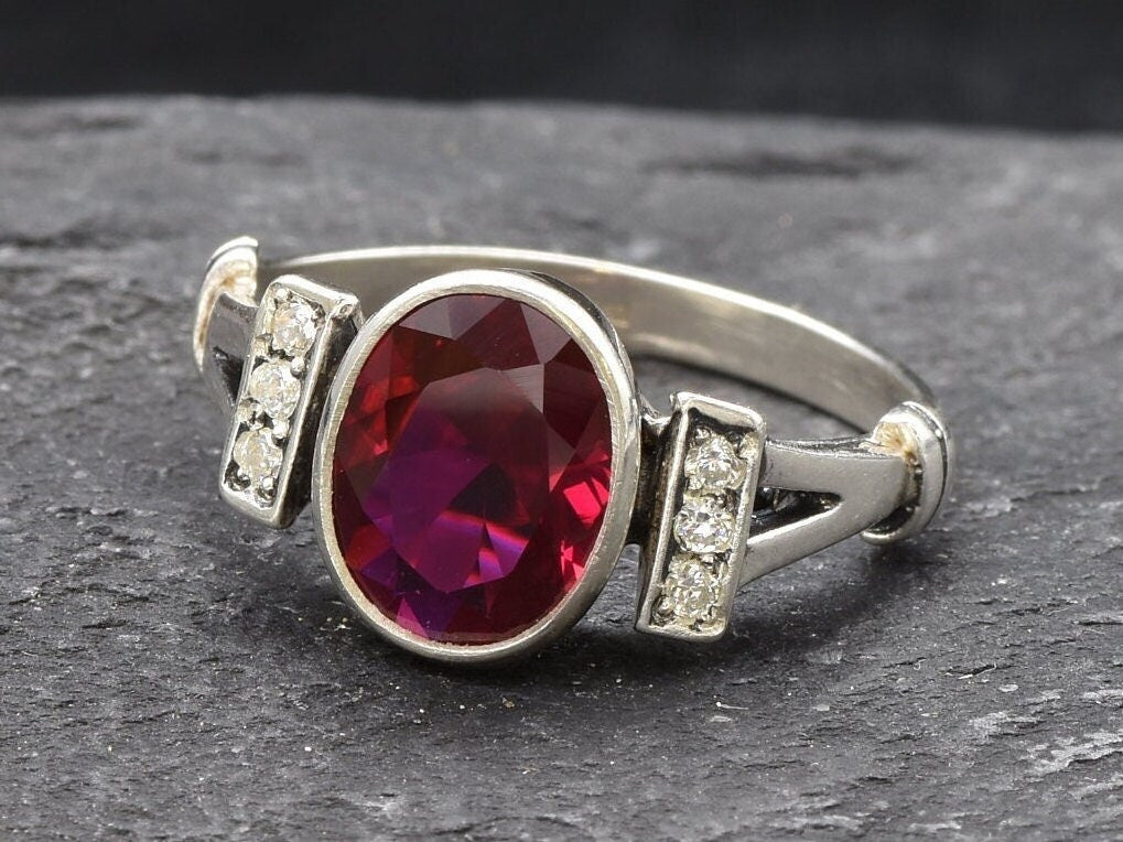 Ruby Ring, Created Ruby, Red Antique Ring, Vintage Ring, Red Oval Ring, Red Ruby Ring, Proposal Ring, Engagement Ring, Solid Silver Ring