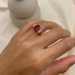 Chic 18k Gold Vermeil ring with a rich oval red ruby, ideal for adding a touch of luxury to any outfit or occasion.