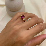 Chic 18k Gold Vermeil ring with a rich oval red ruby, ideal for adding a touch of luxury to any outfit or occasion.