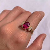 Elegant 18k Gold Vermeil Ruby Ring featuring an oval red ruby, perfect for birthdays and special occasions.