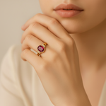 Elegant 18k Gold Vermeil Ruby Ring featuring an oval red ruby, perfect for birthdays and special occasions.