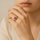 Elegant 18k Gold Vermeil Ruby Ring featuring an oval red ruby, perfect for birthdays and special occasions.