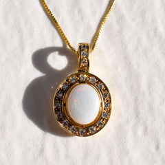 Gold Opal Pendant - Vintage Bridal Necklace - White Oval Necklace