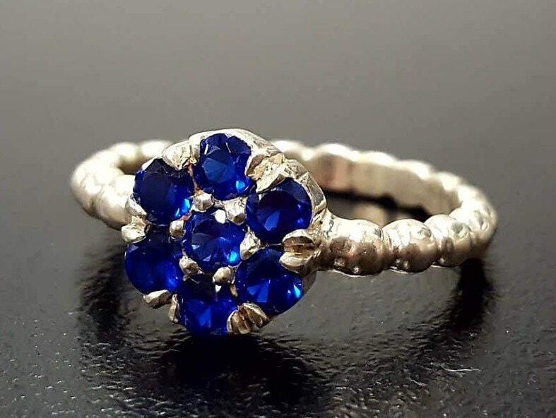 Created Sapphire Ring made in 925 Sterling Silver with Round Created Blue Sapphire in Cluster setting, September Birthstone gift idea, symbolizes sincerity, truth, and faithfulness, ideal for everyday wear and perfect for birthday gifting and special occasions.