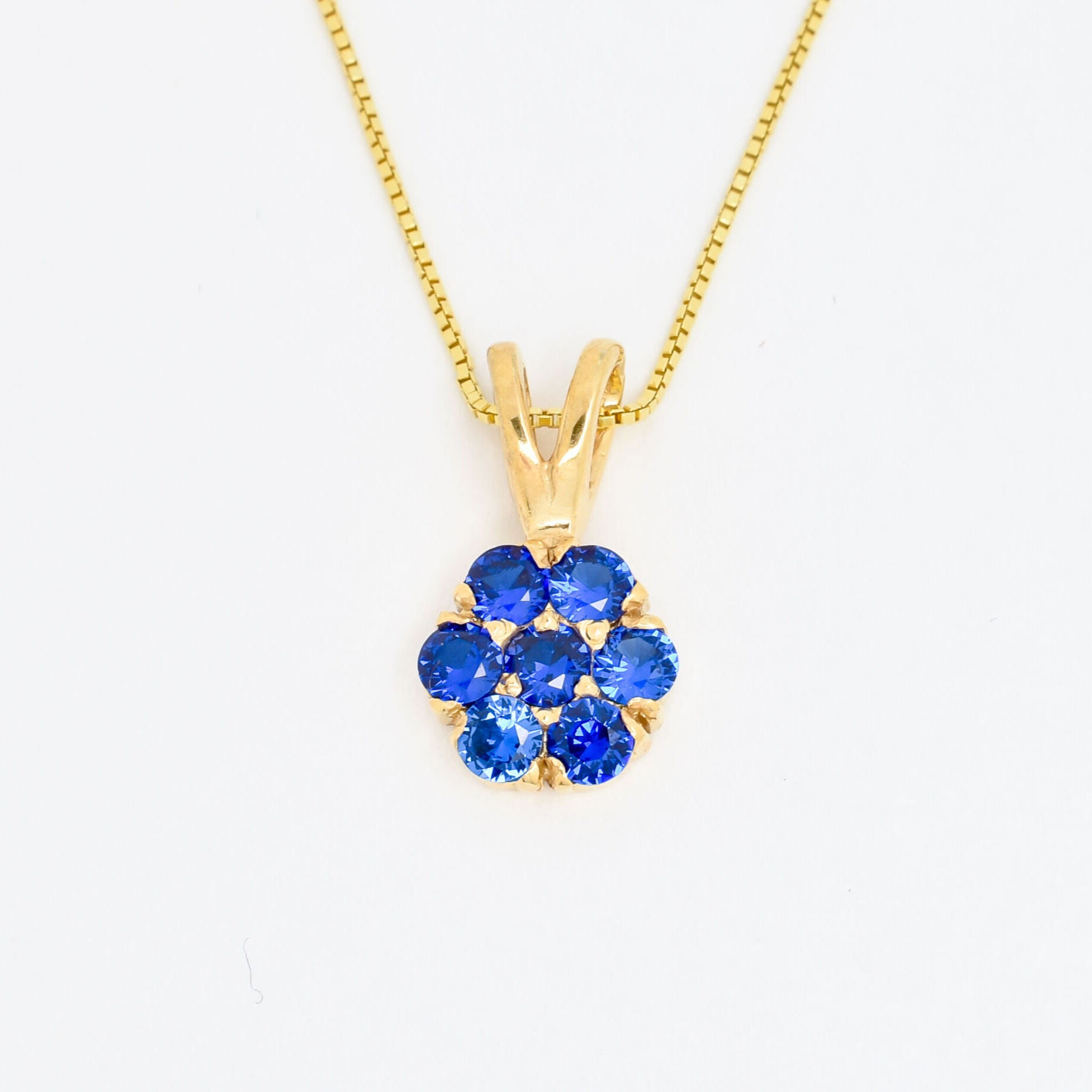 Created Sapphire Pendant made in 18k Gold Vermeil with Round Created Blue Sapphire in Cluster setting, September Birthstone gift idea, symbolizes sincerity, truth, and faithfulness, ideal for everyday wear and perfect for birthday gifting and special occasions.