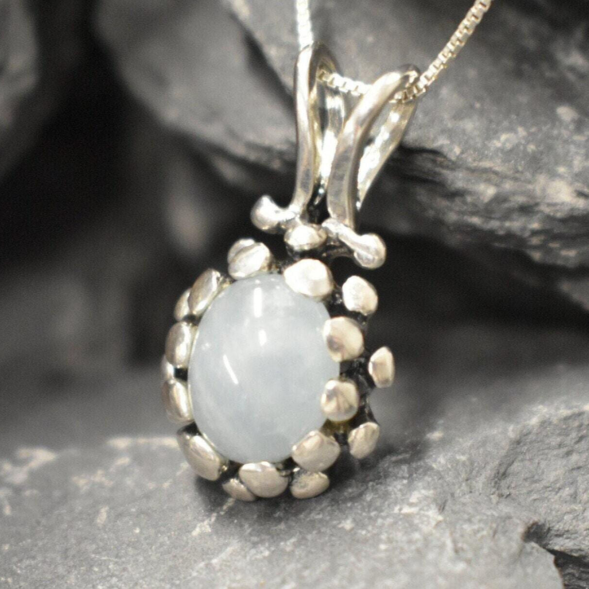 Aquamarine Pendant, Natural Aquamarine, March Birthstone, Blue Vintage Pendant, Dainty Blue Pendant, Aquamarine Charm, Solid Silver Pendant