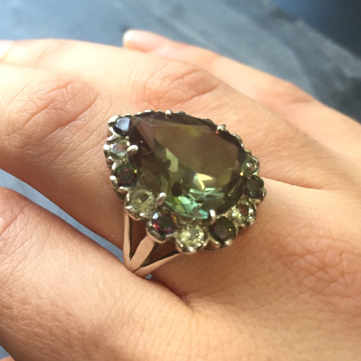 Teardrop Ring, Green Diamond Ring, Antique Ring, Vintage Ring, December Birthstone, Mystic Topaz, Antique Rings, Solid Silver Ring, Big Ring