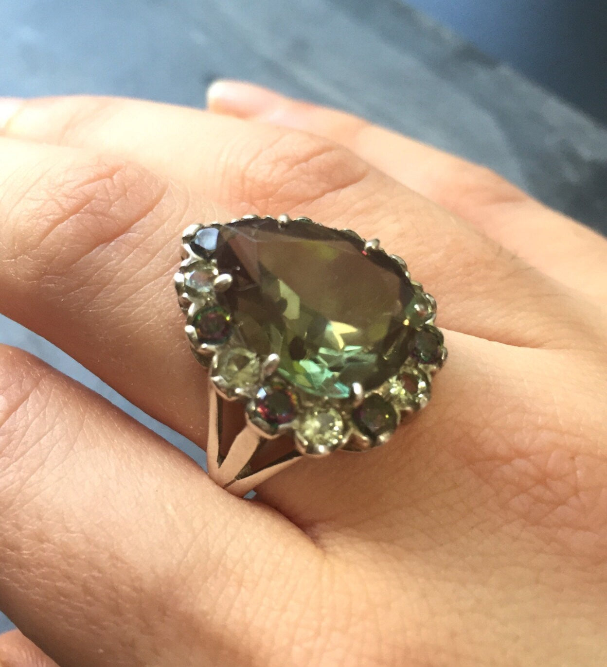 Teardrop Ring, Green Diamond Ring, Antique Ring, Vintage Ring, December Birthstone, Mystic Topaz, Antique Rings, Solid Silver Ring, Big Ring