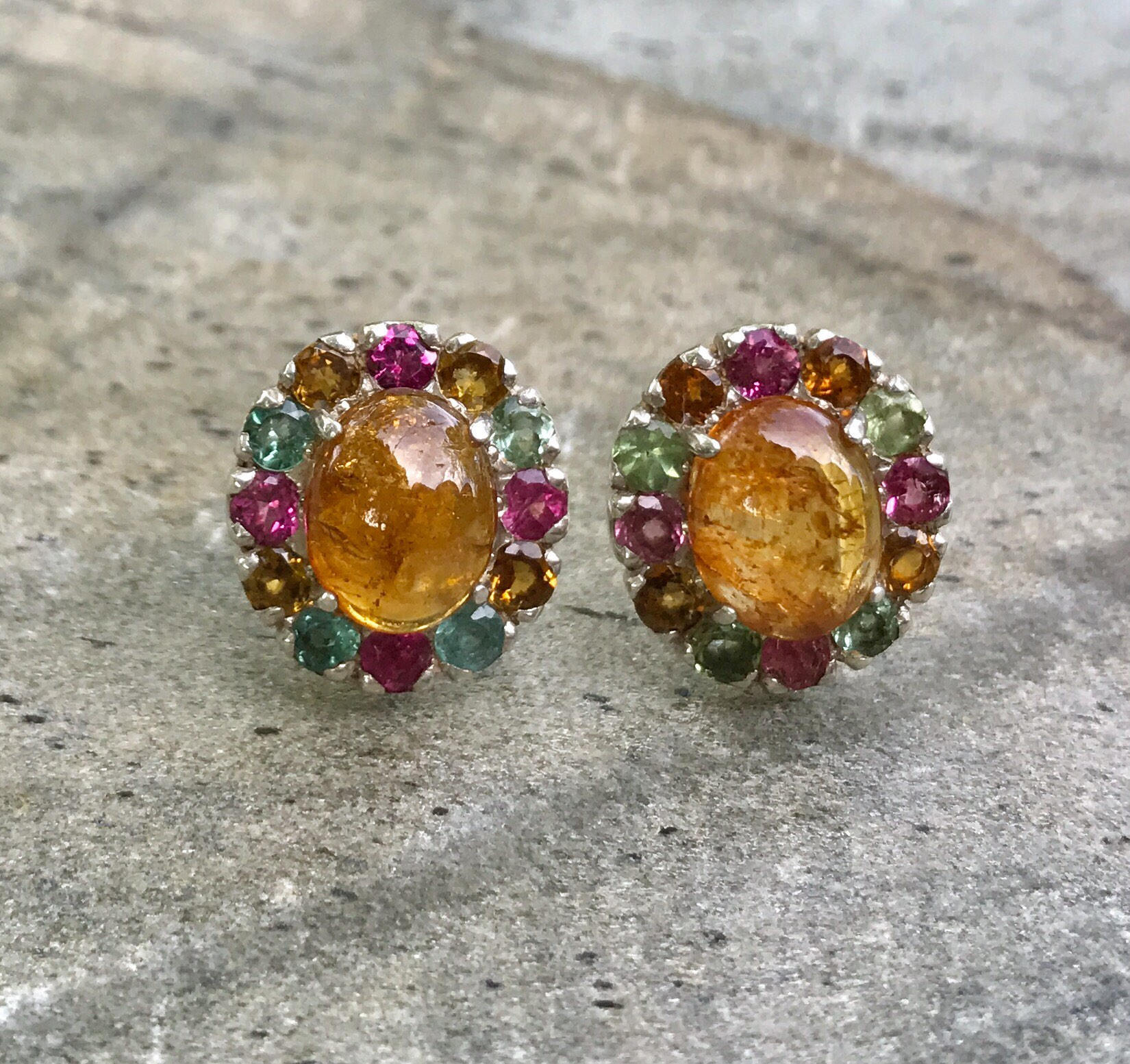 Tourmaline Earrings, Natural Tourmaline, Yellow Tourmaline, Pink Tourmaline, October Birthstone, Vintage Earrings, Solid Silver, Tourmaline