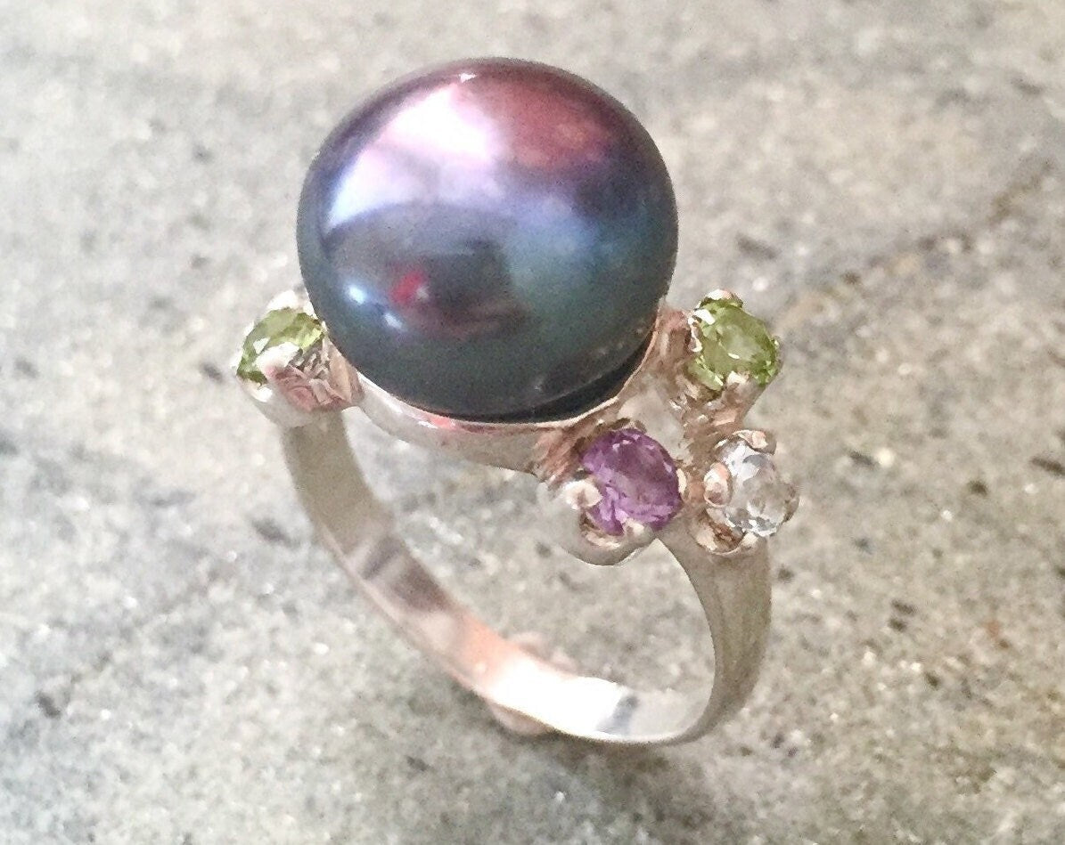 Black Pearl Ring, Natural Pearl, Pearl Ring, Vintage Rings, Antique Ring, Blue Topaz Ring, Peridot Ring, Amethyst Ring, Solid Silver Ring