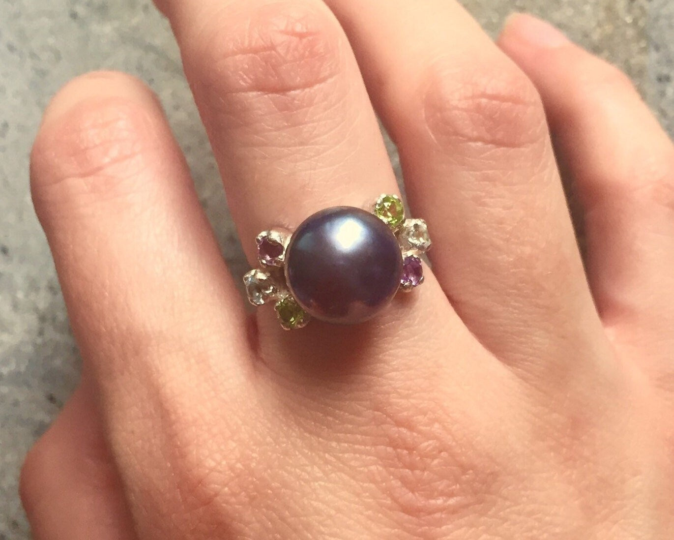 Black Pearl Ring, Natural Pearl, Pearl Ring, Vintage Rings, Antique Ring, Blue Topaz Ring, Peridot Ring, Amethyst Ring, Solid Silver Ring