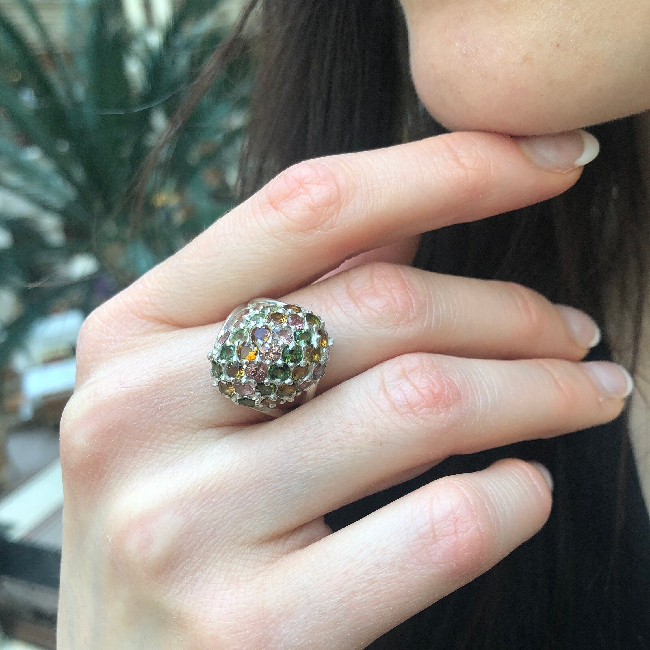 Tourmaline Ring, Natural Tourmaline, Sphere Ring, October Birthstone, Dome Ring, Unique Design Ring, October Ring, Silver Ring, Tourmaline
