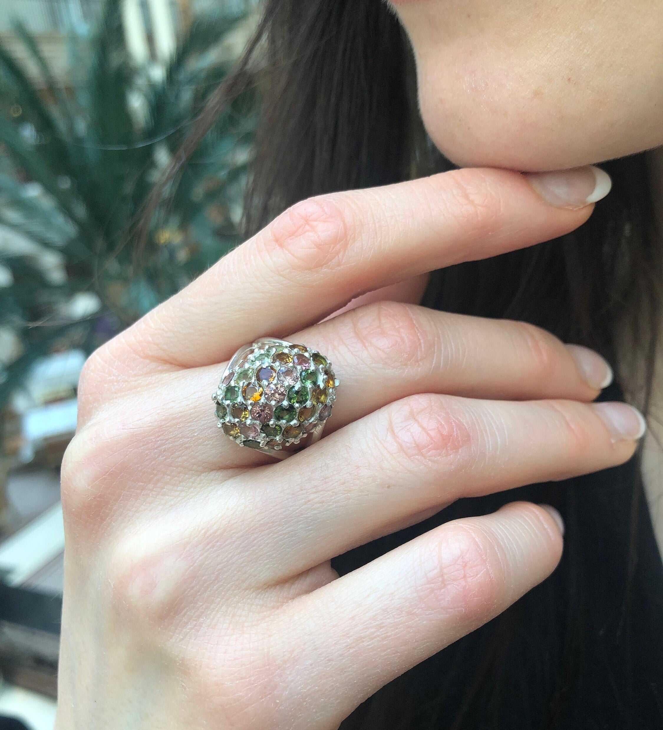 Tourmaline Ring, Natural Tourmaline, Sphere Ring, October Birthstone, Dome Ring, Unique Design Ring, October Ring, Silver Ring, Tourmaline