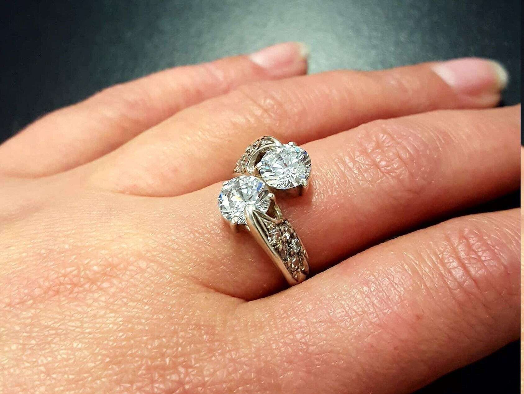 Diamond Ring, Created Diamond, Asymmetric Ring, 2 Stones Ring, Unique Diamond Ring, White Vintage Ring, Bridal Ring, Solid Silver Ring