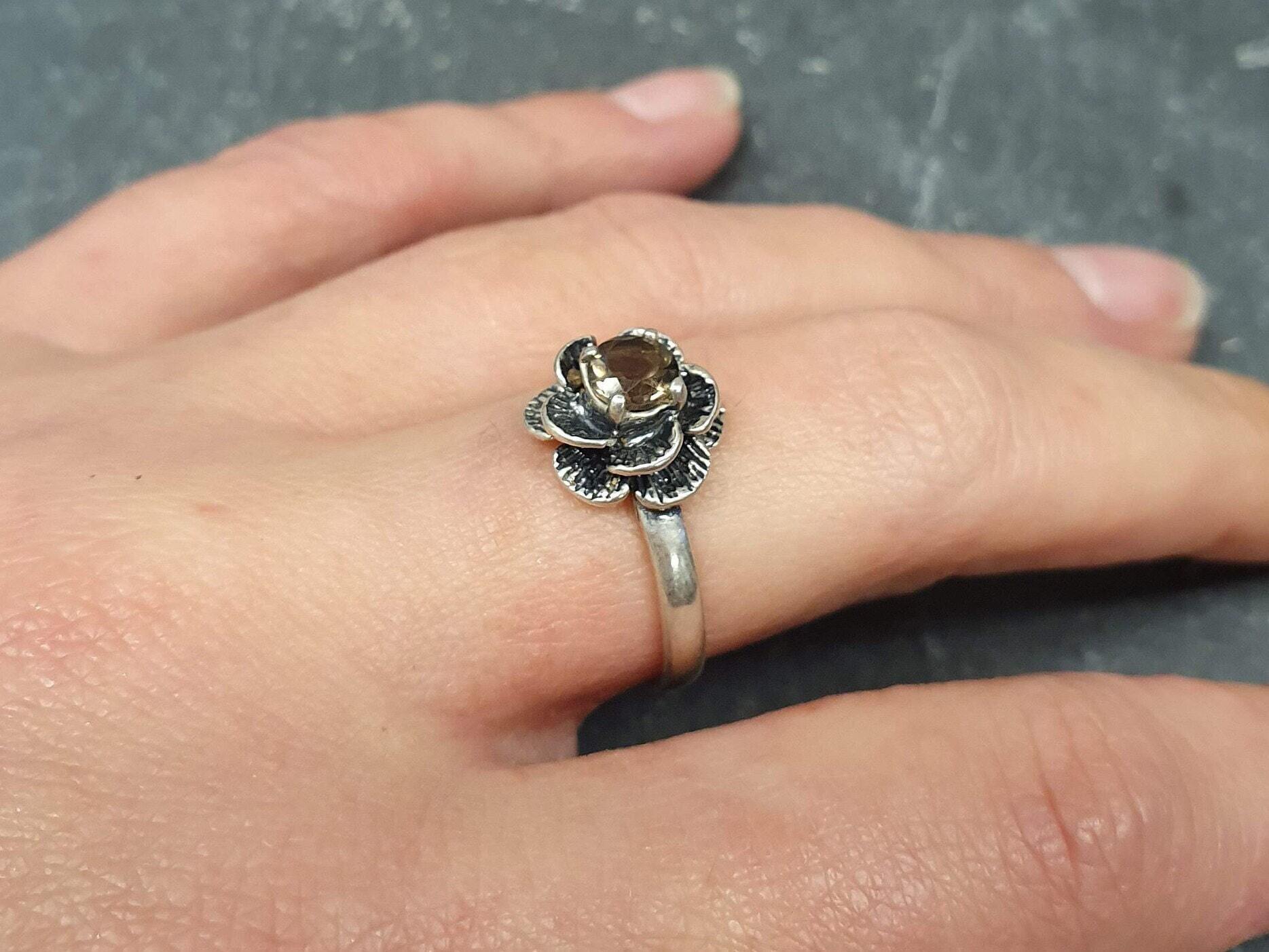 Smoky Topaz Ring, Topaz Ring, Natural Topaz, December Birthstone, Silver Flower Ring, Vintage Flower Ring, Brown Diamond Ring, Smoky Ring