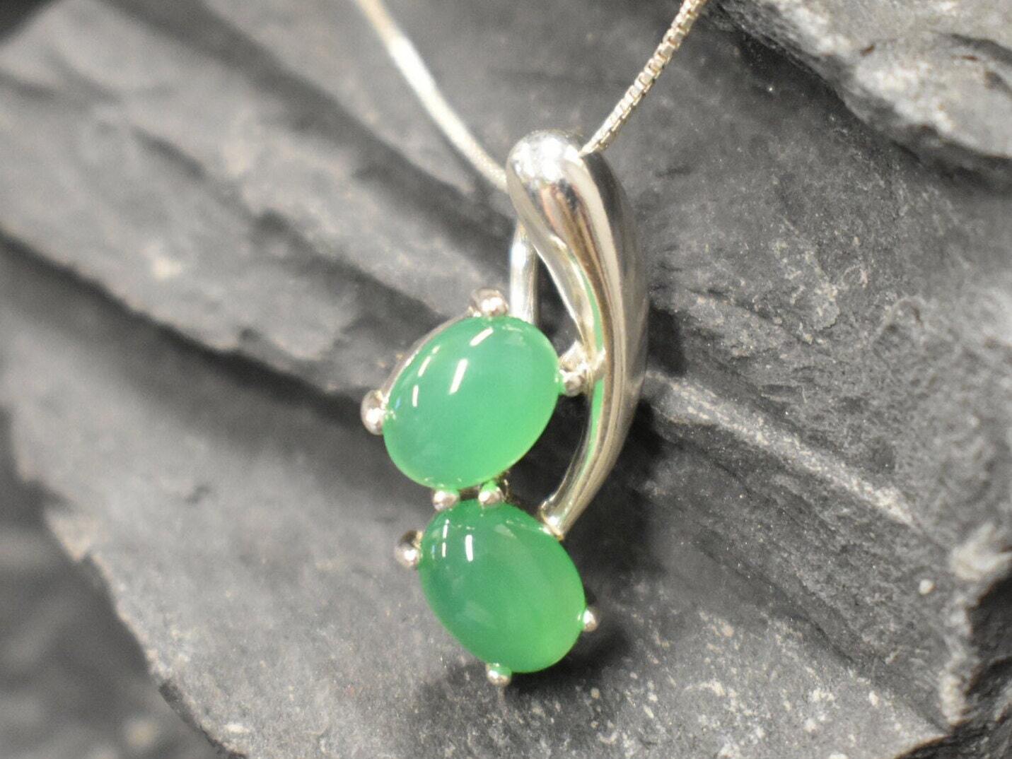 Chrysoprase Pendant, May Birthstone, May Birthday Gift, Two Stone Pendant, Green Pendant, Chrysoprase Necklace, Chrysoprase Gemstone, Silver