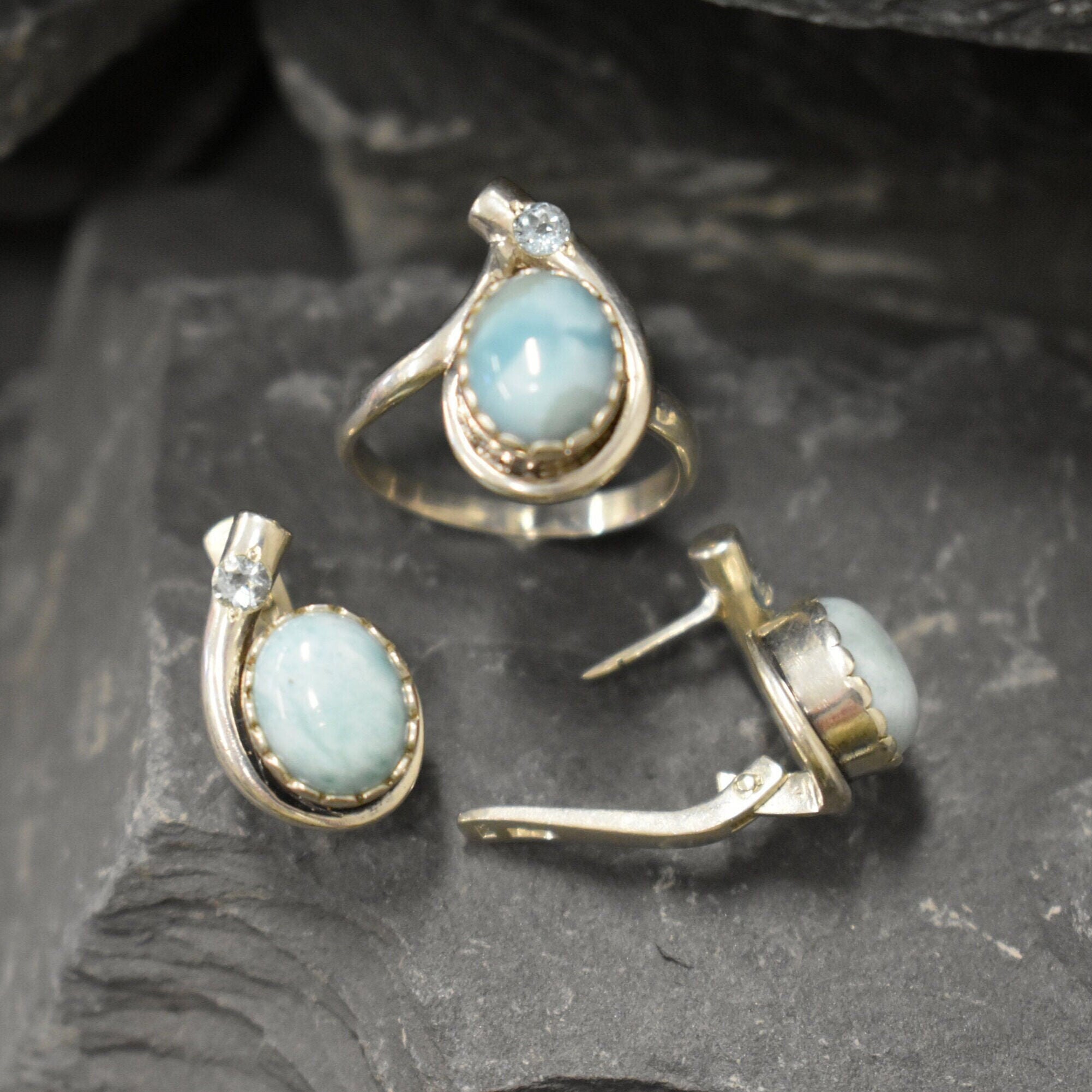 Larimar Earrings, Natural Larimar, Vintage Earrings, Sky Blue Earrings, Teardrop Earrings, Jewel of Atlantis, Solid Silver Earrings, Topaz