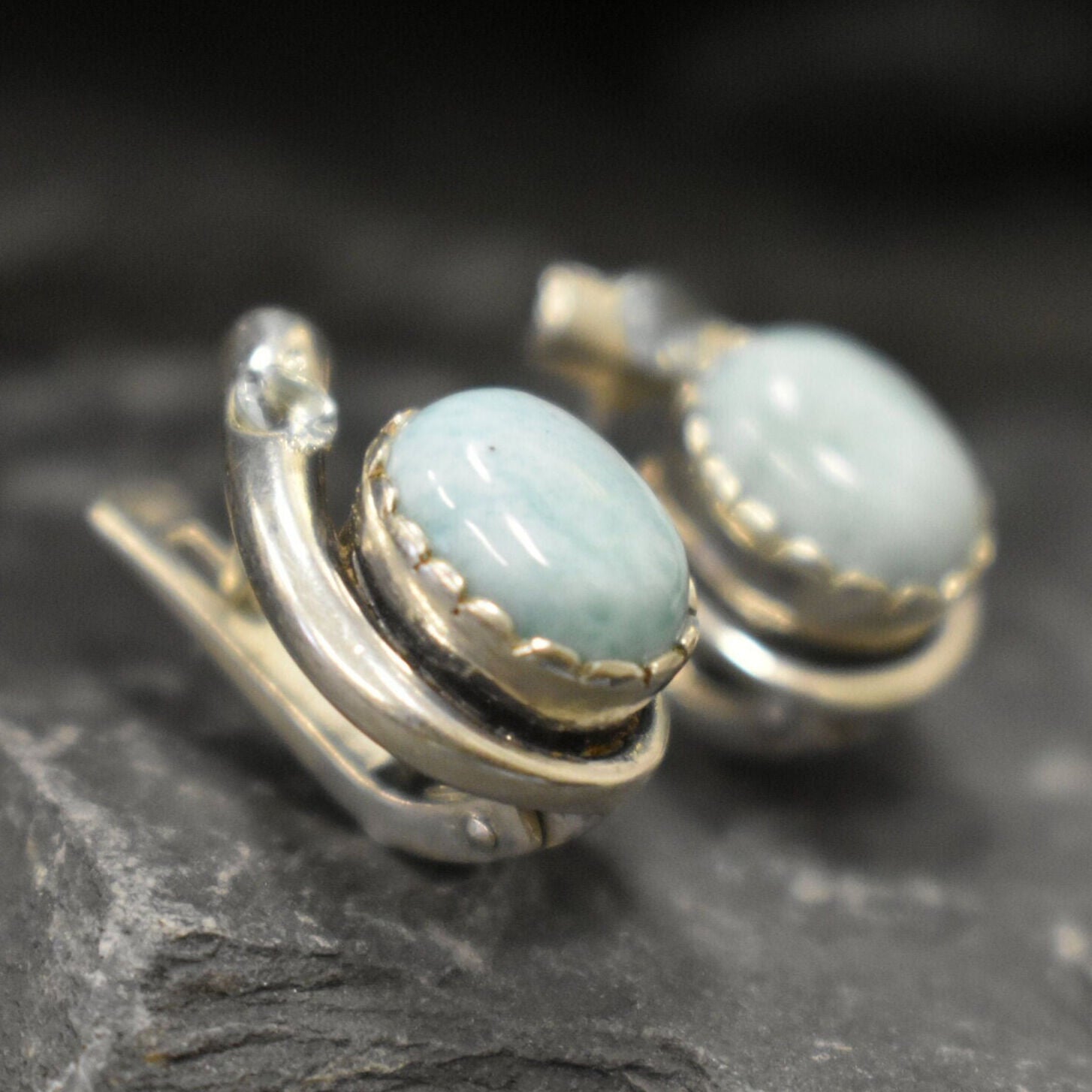 Larimar Earrings, Natural Larimar, Vintage Earrings, Sky Blue Earrings, Teardrop Earrings, Jewel of Atlantis, Solid Silver Earrings, Topaz