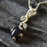 Genuine Sandstone Pendant - Dark Blue Necklace - Leaf Branch Necklace