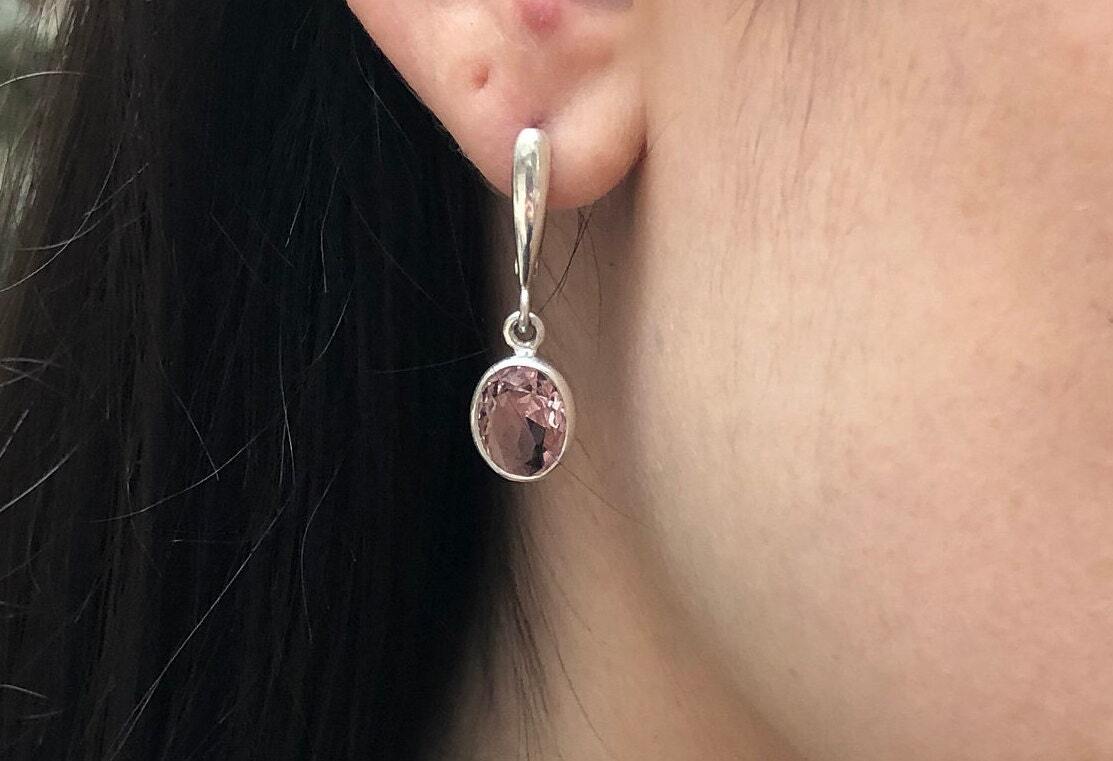 Morganite Earrings, Created Morganite, Dainty Earrings, Cotton Candy Earrings, Dangling Earrings, Pink Earrings, Solid Silver Earrings