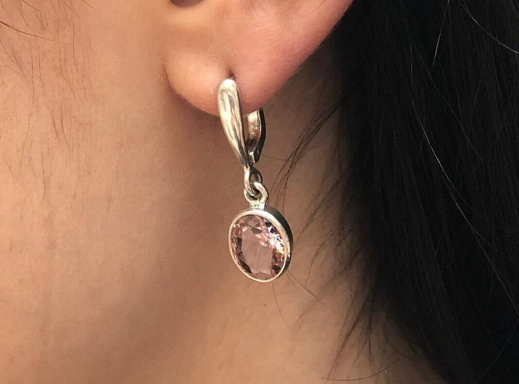 Morganite Earrings, Created Morganite, Dainty Earrings, Cotton Candy Earrings, Dangling Earrings, Pink Earrings, Solid Silver Earrings